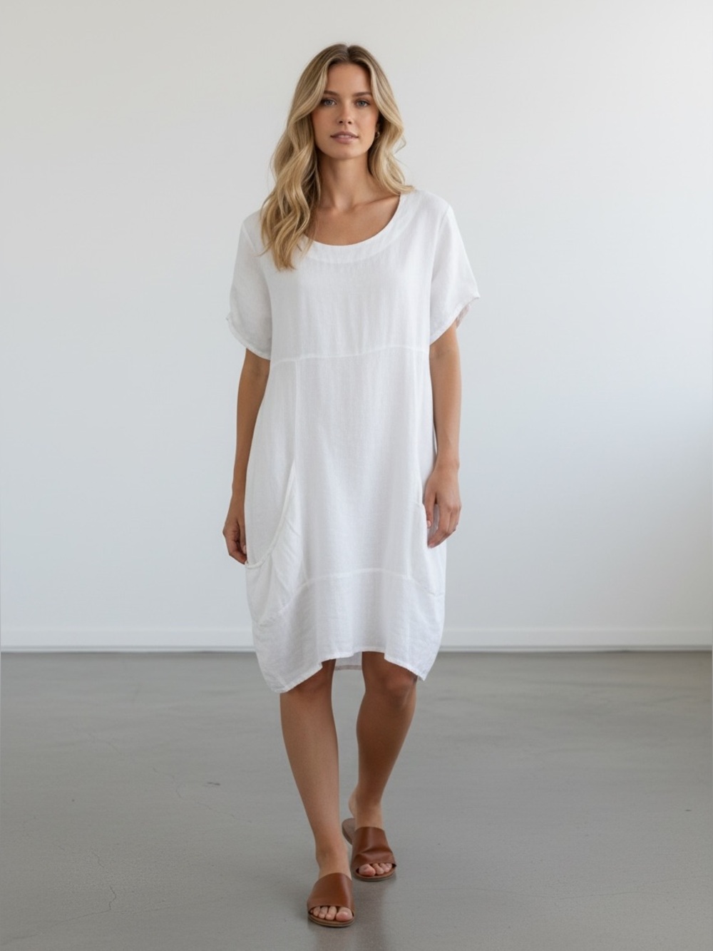 Vansa‎ 100% Linen Short Sleeve White Boho Midi Dress